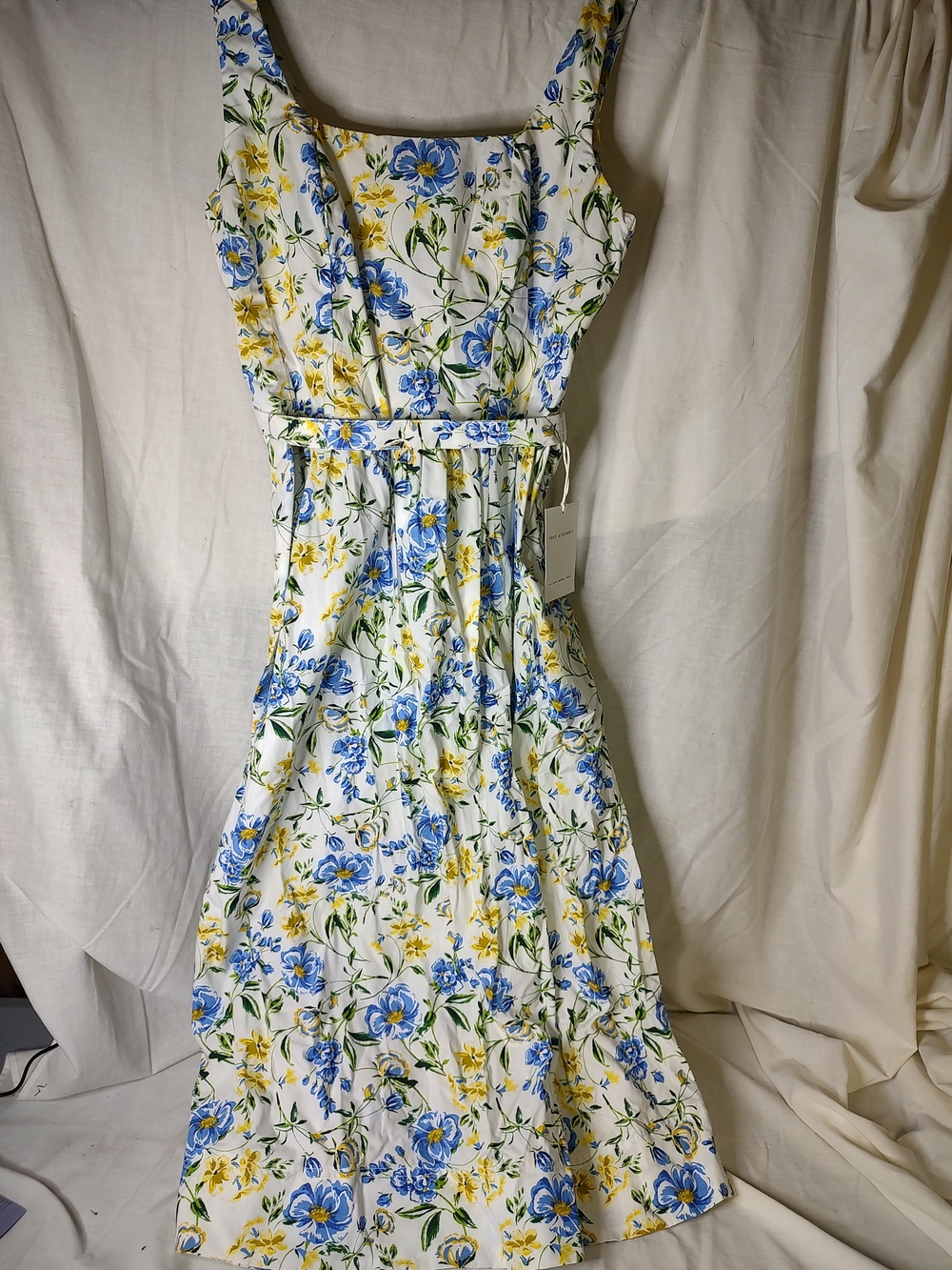 Floral White Midi Dress with Blue & Yellow Blooms